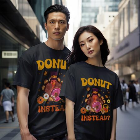 Funny Thanksgiving Fall Pumpkin Donut Instead Turkey Shirt Gift - Black Couple White T-Shirt