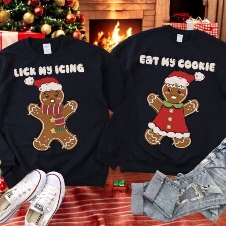 Gingerbread Lick My Icing, Eat My Cookie Couple Matching Christmas Shirt Product Photo 1