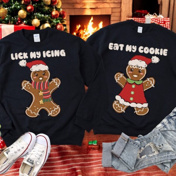 Gingerbread Lick My Icing, Eat My Cookie Couple Matching Christmas Shirt Product Photo 1