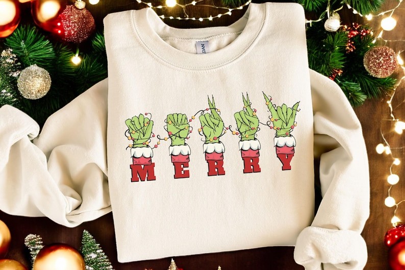 Grinch Hand ASL Merry Christmas Sign Language christmas sweatshirt Product Photo 2