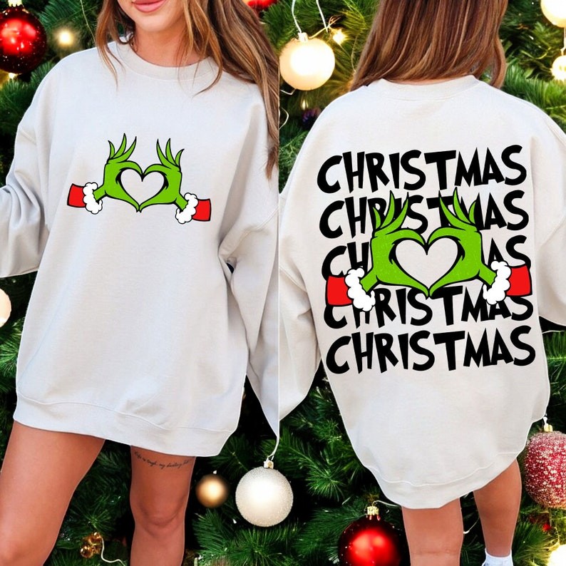 grinch hand Christmas heart sweatshirt Product Photo 2