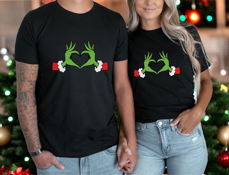 Grinch Hands Heart Matching Christmas Couple Shirt Product Photo 2