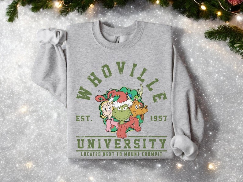 Grinch Whoville University Vintage Style Christmas Sweatshirt Product Photo 2