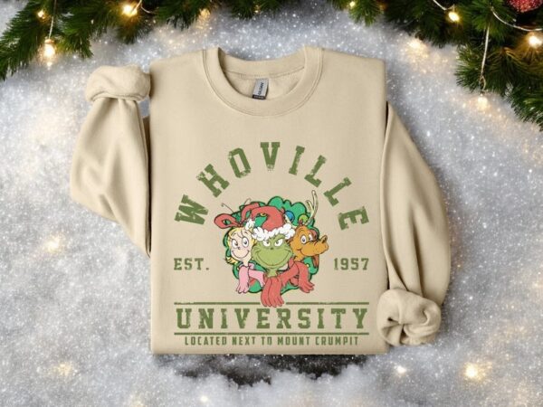 Grinch Whoville University Vintage Style Christmas Sweatshirt Product Photo 1