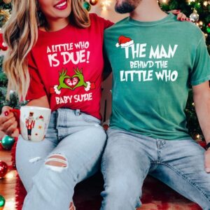 Grinchmas Pregnancy Announcement A Little Who Is Due Couple Matching Christmas Shirt Product Photo 2