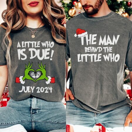 Grinchmas Pregnancy Announcement A Little Who Is Due Couple Matching Christmas Shirt Product Photo 1