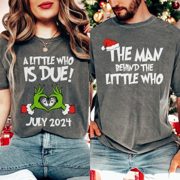 Grinchmas Pregnancy Announcement A Little Who Is Due Couple Matching Christmas Shirt Product Photo 1