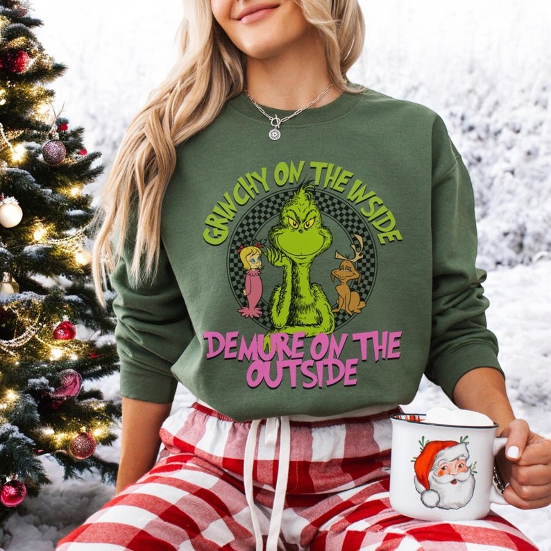 Grinchy On The In Side Demure O The Outside Christmas Sweatshirt Product Photo 2