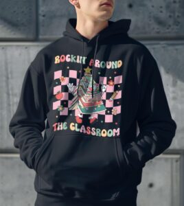 Groovy Rocking Around Classroom Teacher Christmas Tree Cake Shirt Gift - Men Black Hoodie