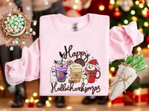 Happy Hallothanksmas Sweatshirt Coffe Pumpkin Spice Iced Snowmen Christmas Shirt Product Photo 2