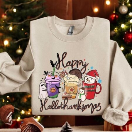 Happy Hallothanksmas Sweatshirt Coffe Pumpkin Spice Iced Snowmen Christmas Shirt Product Photo 1