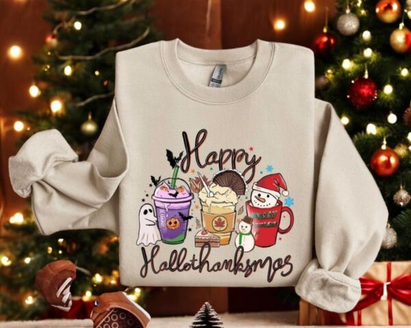 Happy Hallothanksmas Sweatshirt Coffe Pumpkin Spice Iced Snowmen Christmas Shirt Product Photo 1