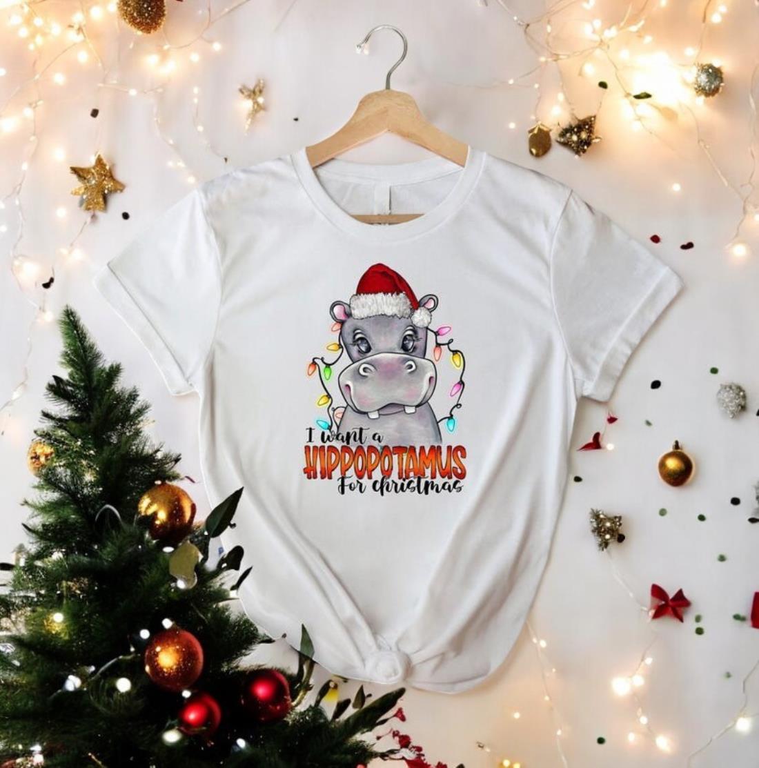 Hippo Christmas Lights Shirt I Want A Hippopotamus For Christmas Shirt Product Photo 2