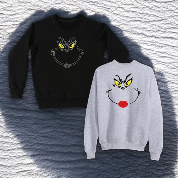 His And Her's Grinch Face Couple Matching Christmas Sweatshirts Product Photo 1