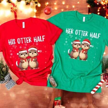 His Otter Half Cartoon Otters In Santa Couple Matching Christmas Shirt Product Photo 1