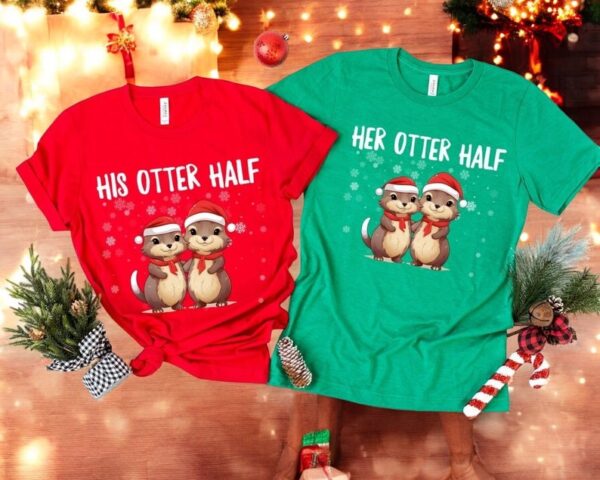 His Otter Half Cartoon Otters In Santa Couple Matching Christmas Shirt Product Photo 1