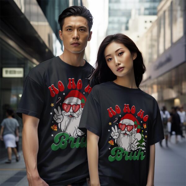 Ho Ho Ho Bruh Funny Christmas Holiday Teen Shirt Gift - Black Couple White T-Shirt