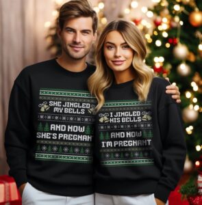 i jinged his bells and now i'm pregnant, she jinged my bells Matching Christmas Couple Sweatshirt Product Photo 2