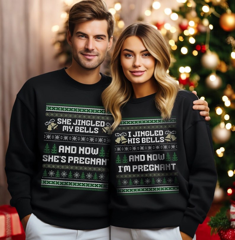 i jinged his bells and now i'm pregnant, she jinged my bells Matching Christmas Couple Sweatshirt Product Photo 2