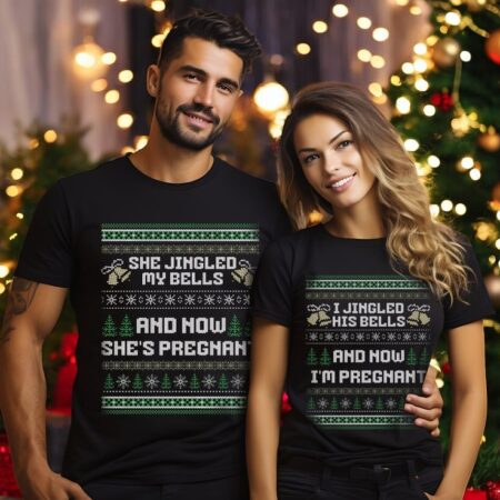 i jinged his bells and now i'm pregnant, she jinged my bells Matching Christmas Couple Sweatshirt Product Photo 1