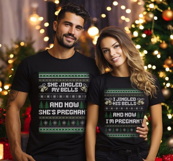 i jinged his bells and now i'm pregnant, she jinged my bells Matching Christmas Couple Sweatshirt Product Photo 1