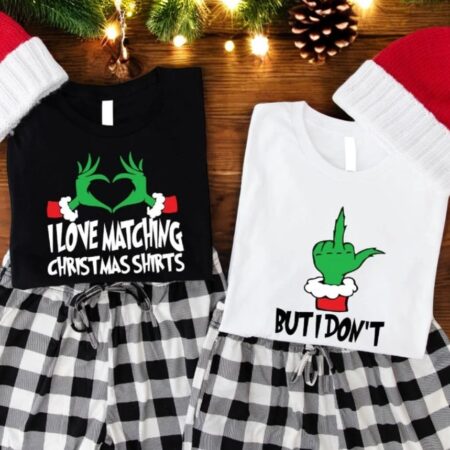 I Love Matching Christmas But I Don't Grinch Christmas Couple Matching Shirt Product Photo 1