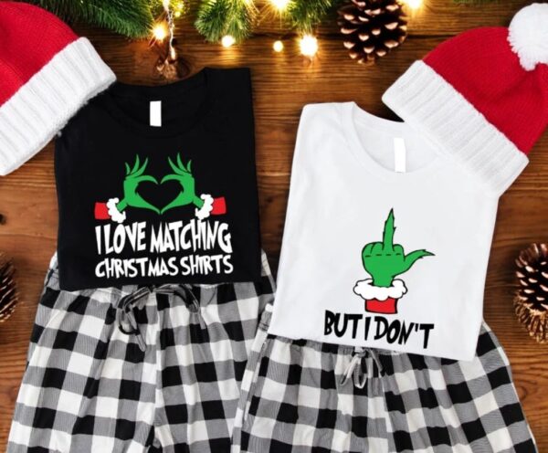 I Love Matching Christmas But I Don't Grinch Christmas Couple Matching Shirt Product Photo 1