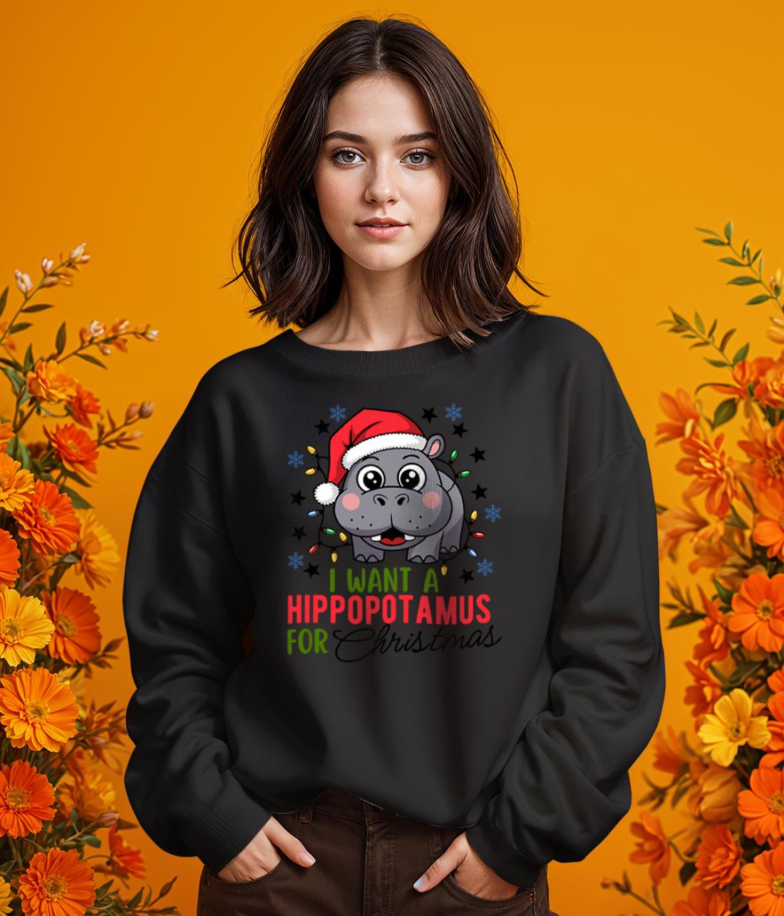 I Want A Hippo Christmas Shirt - Girl Black Swearshirt