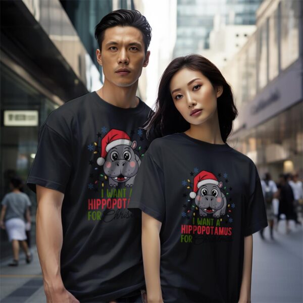 I Want A Hippo Christmas Shirt - Black Couple White T-Shirt