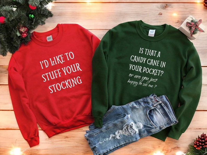 I'd Like To Stuff Your Stocking, Is Tha A Candy Cane In Your Pocket Couple Matching Christmas Shirt Product Photo 2