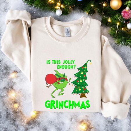 Is This Jolly Enough Grinch Christmas Tree Crewneck Christmas Sweatshirt Product Photo 1