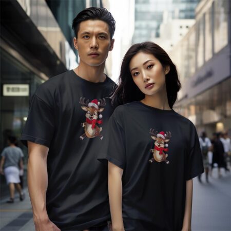 Jolly Reindeer Christmas Shirt - Black Couple White T-Shirt