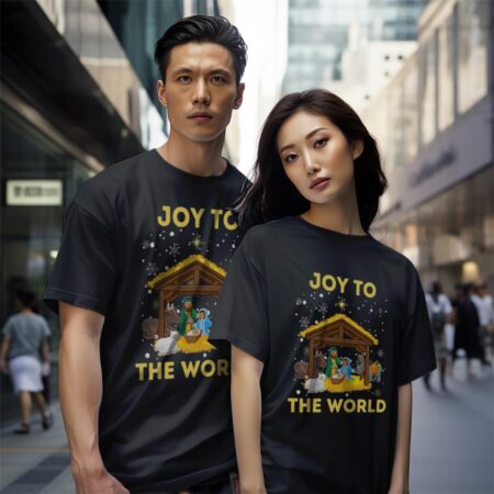 Joy To The World Christmas Nativity For Christian, Birth Of Jesus Gift Christmas Shirt - Black Couple White T-Shirt