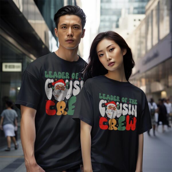 Leader Of The Cousin Crew Pajamas Funny Xmas Buffalo Plaid Shirt Gift - Black Couple White T-Shirt