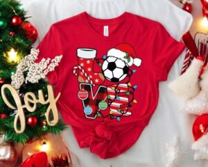 Love Soccer Ball Wearing Santa Hat Christmas Shirt Product Photo 2