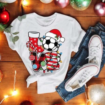 Love Soccer Ball Wearing Santa Hat Christmas Shirt Product Photo 1