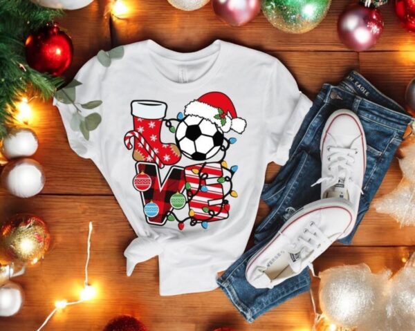 Love Soccer Ball Wearing Santa Hat Christmas Shirt Product Photo 1