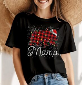 Mama Bear Red Plaid Christmas Pajama Merry Xmas Family Shirt Gift - Women Black T-Shirt