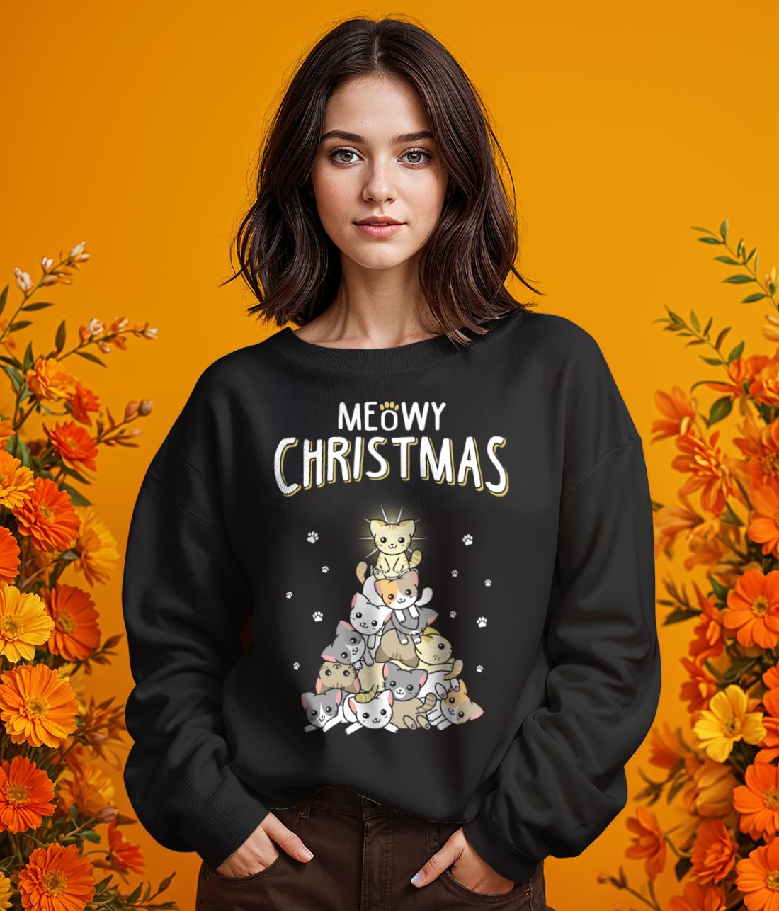 Meowy Christmas Christmas Shirt - Girl Black Swearshirt