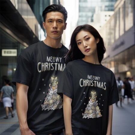 Meowy Christmas Christmas Shirt - Black Couple White T-Shirt