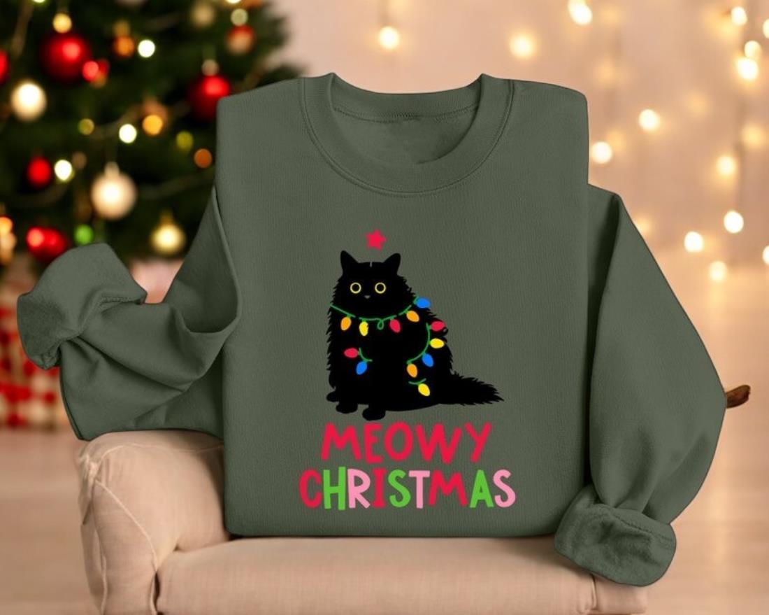 Meowy Christmas Shirt, Cat Xmas Sweatshirt Product Photo 2