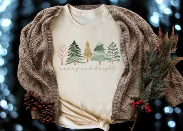 Merry and Bright Trees, Women's Christmas Shirt Product Photo 1