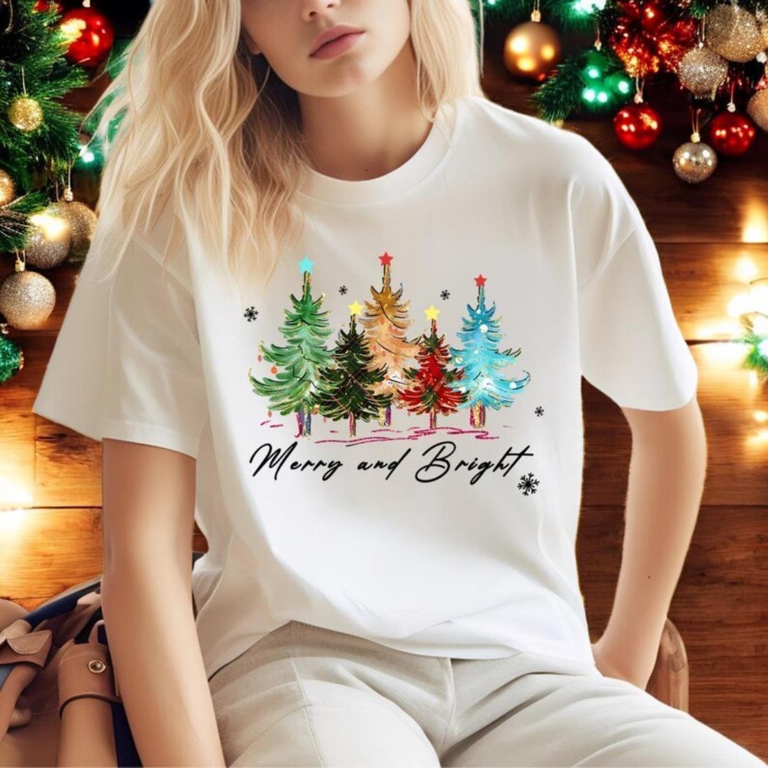 Merry And Bright Trees, Women's Christmas Shirt, Womans Holiday Shirt Product Photo 2