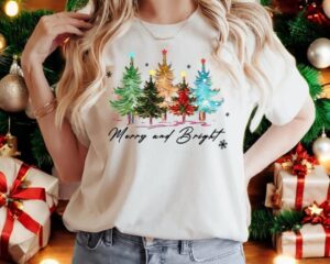 Merry And Bright Trees, Women's Christmas Shirt, Womans Holiday Shirt Product Photo 3