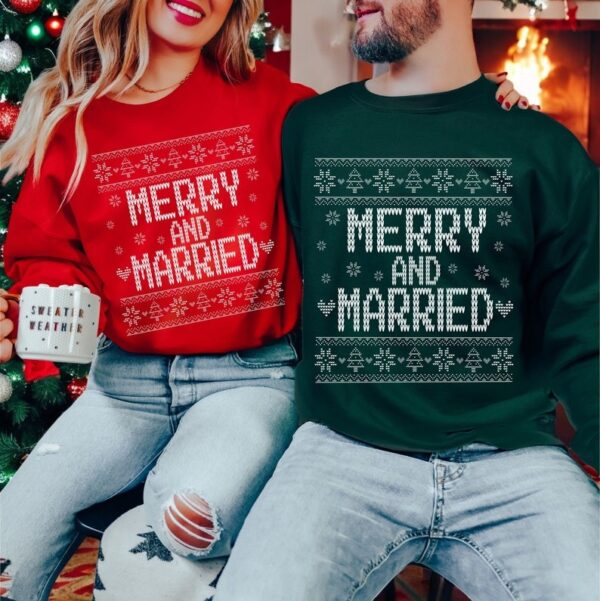 Merry And Married Christmas Wedding Couple Matching Christmas Shirt Product Photo 1