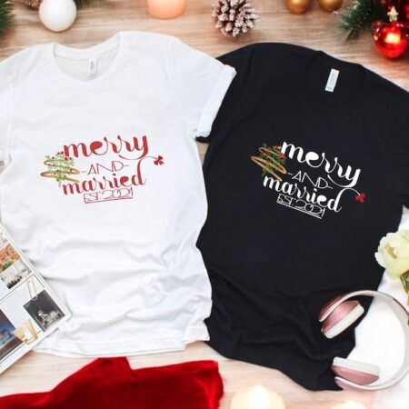 Merry And Married, Custom Name Wedding Couple Matching Christmas Shirt Product Photo 1