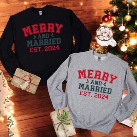 Merry And Married Est 2024 Couple Matching Christmas Shirt Product Photo 1