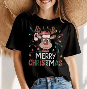 Merry Christmas Red Santa Hat Reindeer Xmas Family Shirt Gift - Women Black T-Shirt