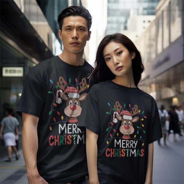 Merry Christmas Red Santa Hat Reindeer Xmas Family Shirt Gift - Black Couple White T-Shirt