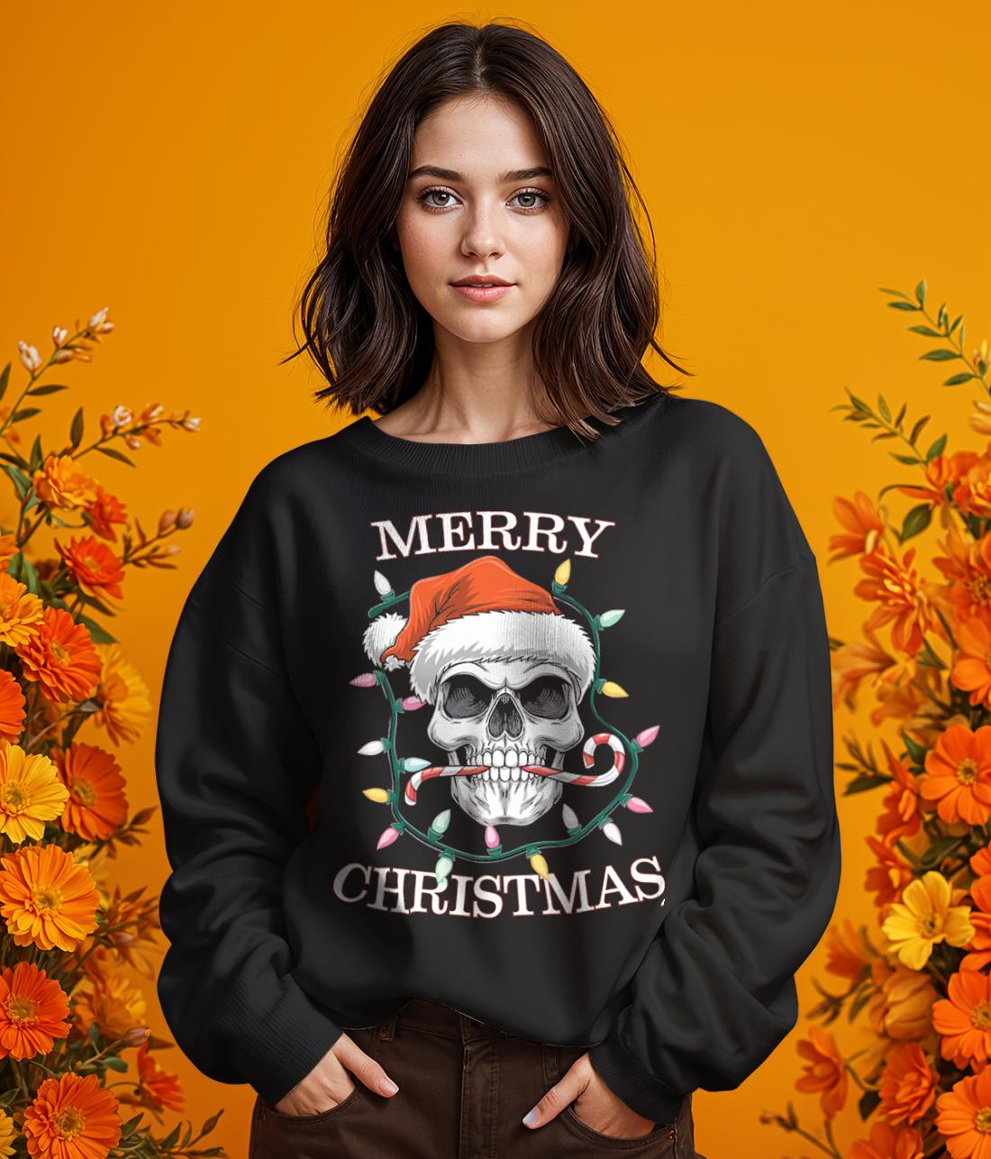 Merry Christmas Skull Skeleton Shirt Gift - Girl Black Swearshirt